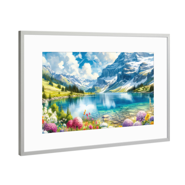 Poster mit Rahmen Silber "Lebendige Bergsee-Szene" artboxONE - Natur,Floral,Abstrakt - Berg,See,Blumen,Natur,Reflexion,Wolken,Himmel,Landschaft