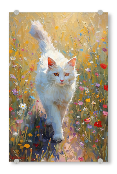 Acrylglasbild "Weiße Katze auf bunter Wiese" artboxONE - Natur,Tiere - Katze,Wiese,Wildblumen,Bunt,Sommer,Natur,Lebendig,Im freien,Katzenartig,Hell