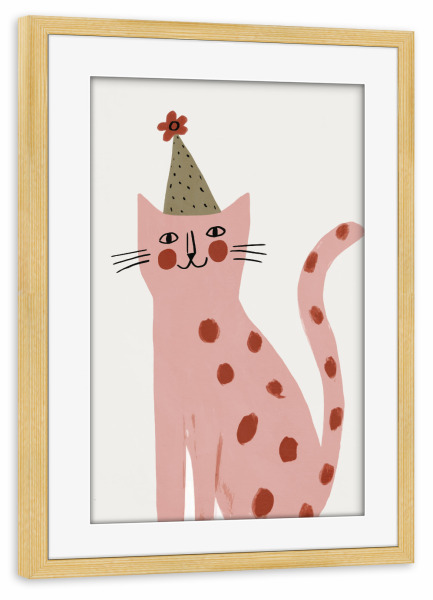 Poster mit Rahmen kiefer "Happy Cat (Pastel)" artboxONE - Für Kinder,Tiere - Katze,Kater,Tiere,Illustration,Lustig,Party,Kinderzimmer