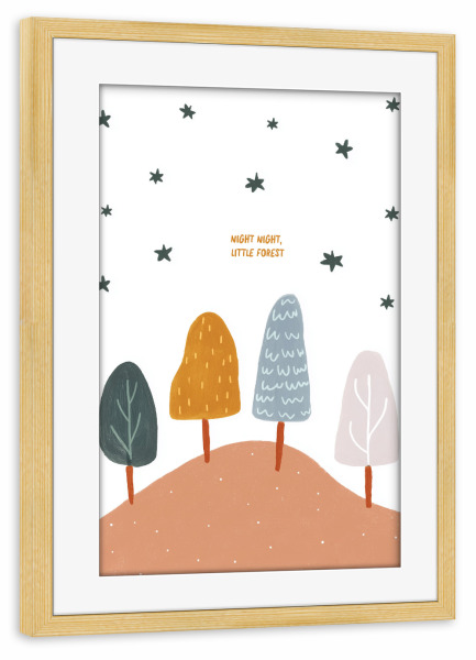 Poster mit Rahmen kiefer "Night Night Little Forest" artboxONE - Für Kinder - Wald,Nacht,Süss,Spruch,Sprpche,Kinderzimmer,Illustration,Baum,Bäume