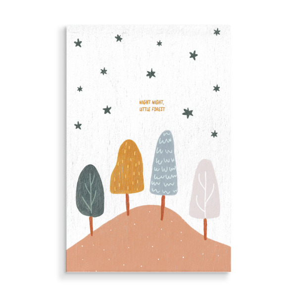 Holzbild "Night Night Little Forest" artboxONE - Für Kinder - Wald,Nacht,Süss,Spruch,Sprpche,Kinderzimmer,Illustration,Baum,Bäume