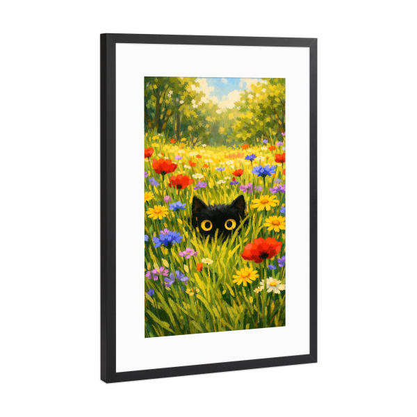 Poster mit Rahmen Schwarz (Metallic) "Cat Hidden Among Wildflowers" artboxONE - Natur,Floral,Tiere