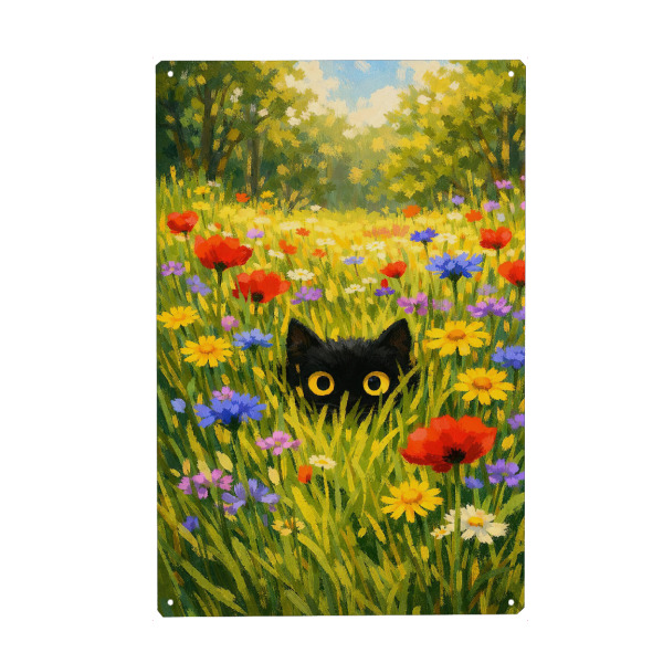 Holzbild "Cat Hidden Among Wildflowers" artboxONE - Natur,Floral,Tiere - Katze,Wildblumen,Wiese,Lebendig,Sommer,Natur,Augen,Bunt,Grün