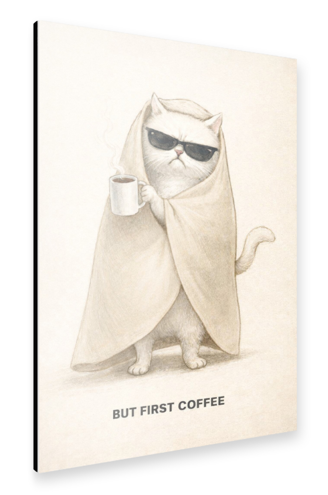 Alu-Dibond "But First Coffee – Müde Katze" 75x50 cm artboxONE