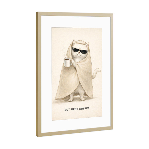 Poster mit Rahmen Gold "But First Coffee – Müde Katze" artboxONE - Tiere,Essen & Trinken,Comic,Für Mama,Lustig