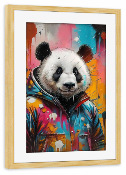 Poster mit Rahmen kiefer "Stylischer Panda in bunter Jacke" artboxONE - Tiere,Abstrakt