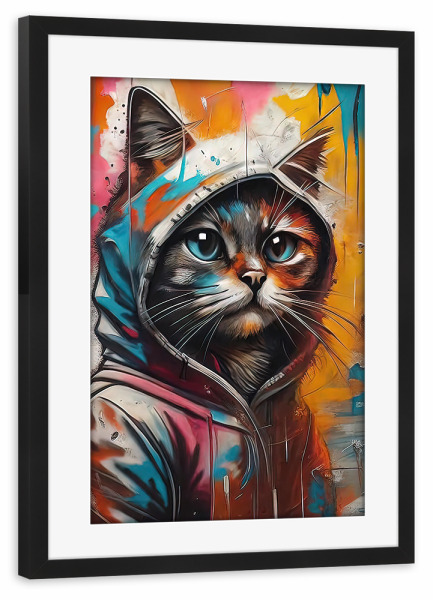 Poster mit Rahmen schwarz "Cat in a Vibrant Hoodie" artboxONE - Tiere,Abstrakt