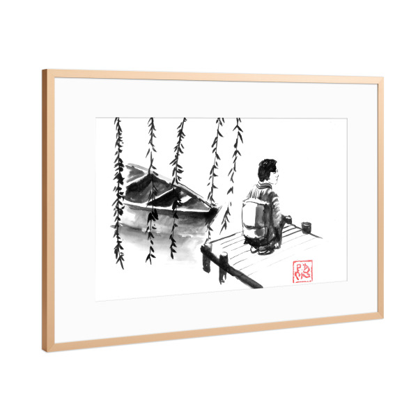 Poster mit Rahmen Kupfer "Geisha Ponton wartet" artboxONE - Menschen,Reise / Asien - Sumie,Japan,Bark,Bambus,Geisha