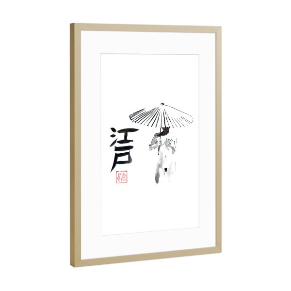 Poster mit Rahmen Gold "Edo Kanji nackt" artboxONE - Reise / Asien - Geisha,Sumie,Regenschirm,Japan,Nackt