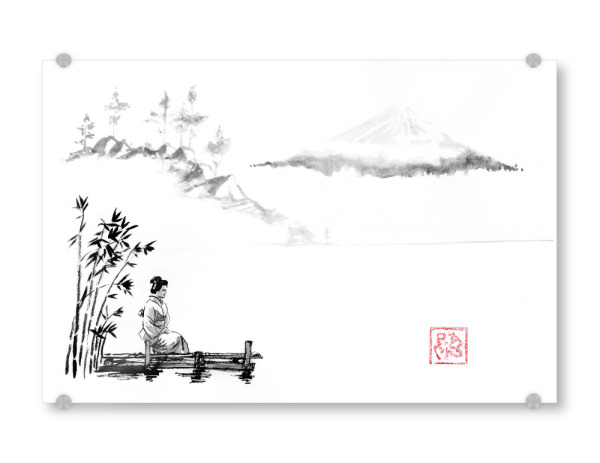 Acrylglasbild "Geisha-Ponton" artboxONE - Schwarzweiß,Reise / Asien - Geisha,Ponton,Sumie,Japan,Bambus,Fuji