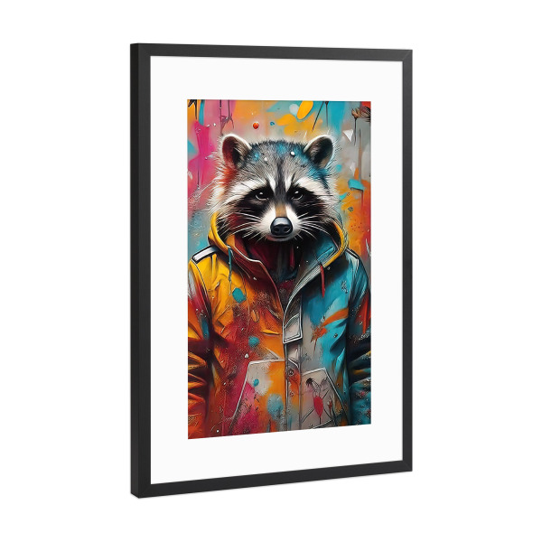 Poster mit Rahmen Schwarz (Metallic) "Raccoon in a Vibrant Jacket" artboxONE - Tiere,Abstrakt - Waschbär,Tier,Bunt,Graffiti,Städtisch,Jacke,Hell