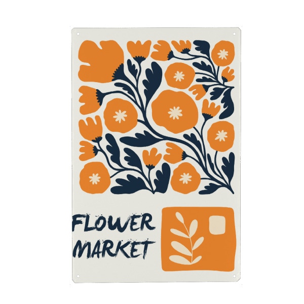 Holzbild "Blumenmarkt" artboxONE - Floral,Abstrakt - Blumen,Orange,Blau,Blätter,Fett,Typografie,Muster,Markt,Blumenmarkt