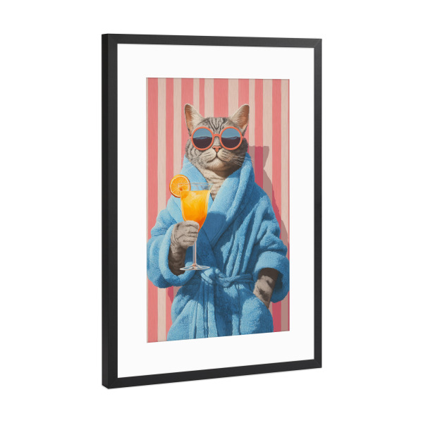 Poster mit Rahmen Schwarz (Metallic) "Katze im Urlaubsmodus" artboxONE - Tiere,Reise / Strand und Meer,Lustig