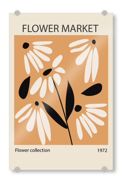 Acrylglasbild "Retro-Blumenmarkt-Design" artboxONE - Floral,Abstrakt - Blumen,Retro,Vintage,Orange,Schwarz,Weiß,Grafik,Typografie