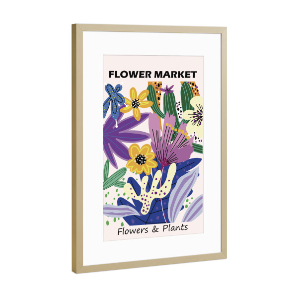 Poster mit Rahmen Gold "Buntes Blumenmuster D" artboxONE - Floral,Abstrakt - Floral,Markt,Bunt,Abstrakt,Blumen,Pflanzen,Design,Lebendig