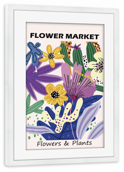Poster mit Rahmen weiß "Buntes Blumenmuster D" artboxONE - Floral,Abstrakt - Floral,Markt,Bunt,Abstrakt,Blumen,Pflanzen,Design,Lebendig