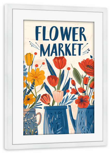 Poster mit Rahmen weiß "Bunte Blumenmarkt-Ausstellung" artboxONE - Floral,Abstrakt - Blumen,Markt,Bunt,Lebendig,Vasen,Blumen,Typografie
