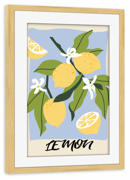 Poster mit Rahmen kiefer "Lebendige Zitronen mit Blüten" artboxONE - Floral,Essen & Trinken,Essen & Trinken / Obst & Gemüse