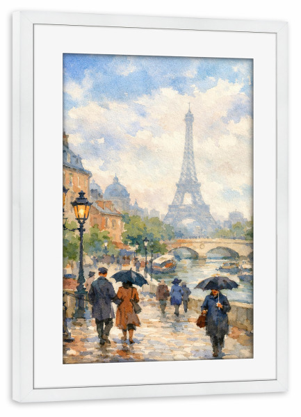 Poster mit Rahmen weiß "Regnerischer Tag am Eiffelturm" artboxONE - Abstrakt,Städte / Paris