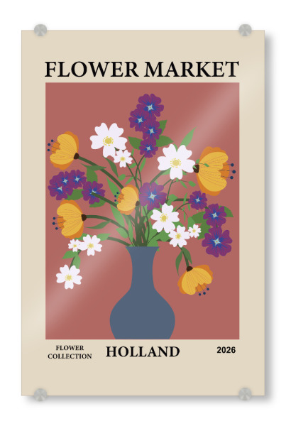 Acrylglasbild "Vase mit lebendigen Blumen" artboxONE - Floral,Abstrakt - Blumen,Vase,Bunt,Lebendig,Blumenarrangement,Holland,Markt,Blaue vase