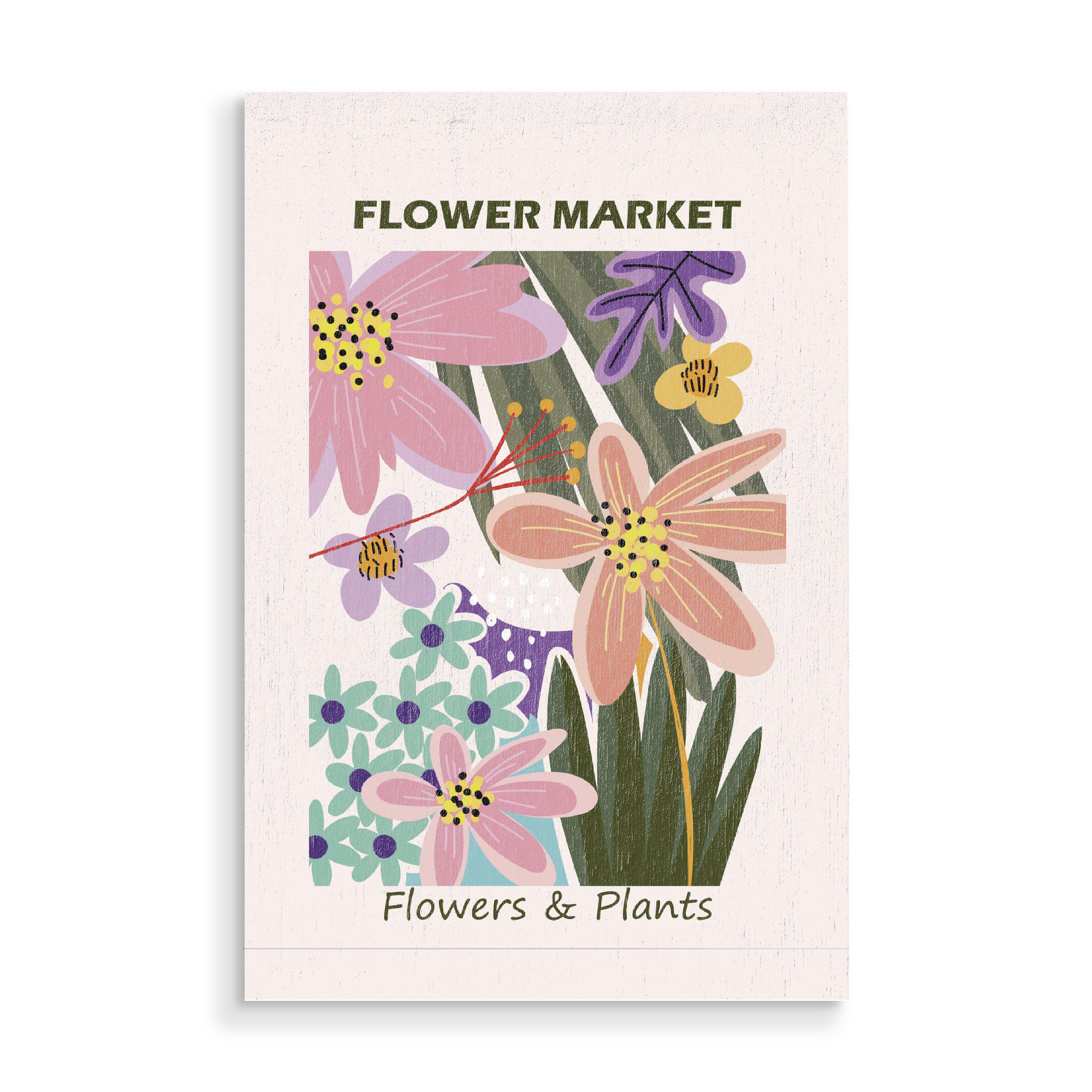 Holzbild "Bunter Blumenmarkt" artboxONE - Floral,Abstrakt - Blume,Markt,Bunt,Plakat,Stilisiert,Lebendig,Design,Pflanzen