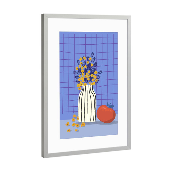 Poster mit Rahmen Silber "Vase mit Blumen und Früchten" artboxONE - Floral,Abstrakt - Vase,Blumen,Apfel,Gitter,Gestreift,Blau,Gelb,Lila,Rot,Stillleben