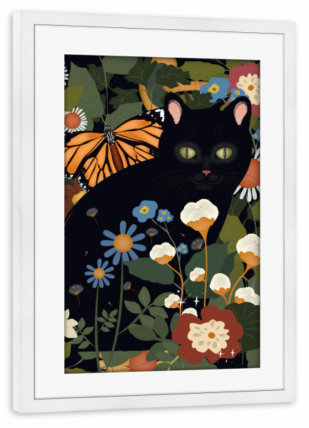 Poster mit Rahmen weiß "Schwarze Katze unter Blüten" artboxONE - Tiere,Abstrakt