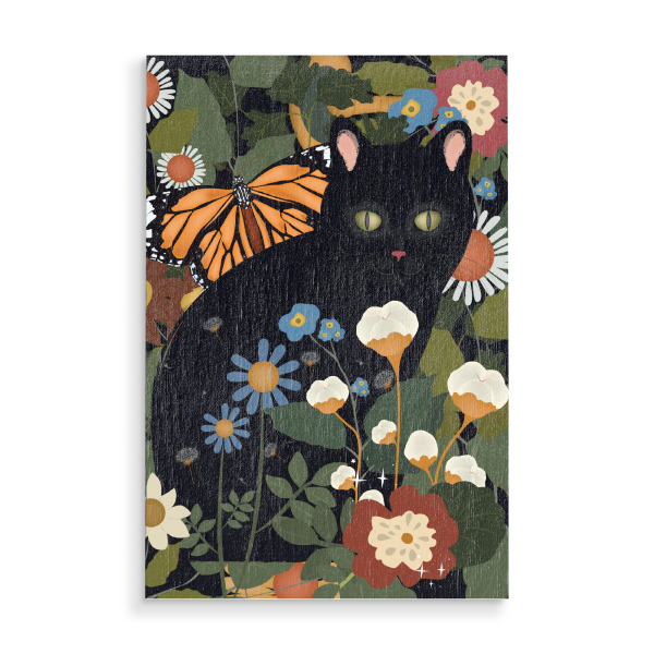 Holzbild "Schwarze Katze unter Blüten" artboxONE - Tiere,Abstrakt