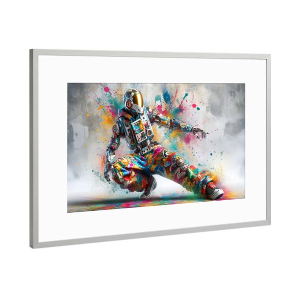 Poster mit Rahmen Silber "Bunter Roboter in dynamischer Pose" artboxONE - Abstrakt,Fiktion,Lustig