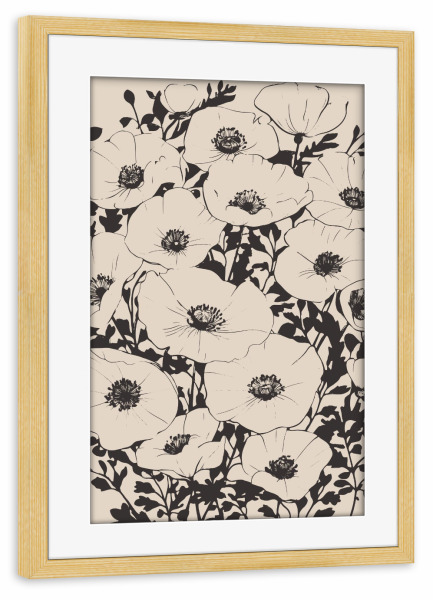 Poster mit Rahmen kiefer "Illustration des Mohnfeldes" artboxONE - Natur,Floral - Mohnblumen,Minimalistisch,Blumen,Floral