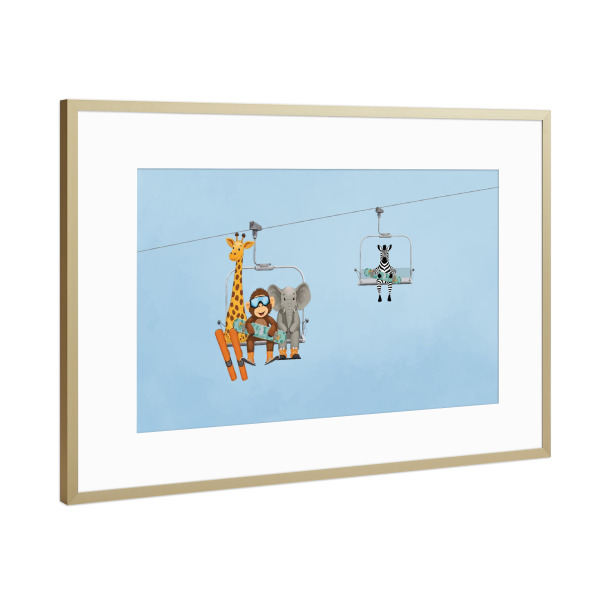Poster mit Rahmen Gold "Skilift-Safari" artboxONE - Reise,Für Kinder,Tiere,Lustig
