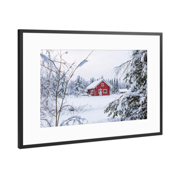 Poster mit Rahmen Schwarz (Metallic) "Winter mit rotem Haus" artboxONE - Natur,Reise,Architektur,Reise / Länder