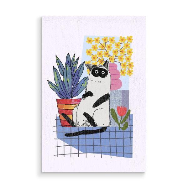 Holzbild "Katze inmitten bunter Pflanzen" artboxONE - Tiere,Abstrakt