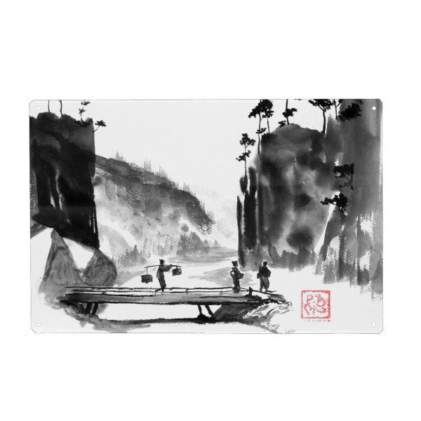 Holzbild "Canyon-Passage" artboxONE - Schwarzweiß,Reise / Asien - Schlucht,Passage,Brücke,Samurai,Geisha,Berg,Fluss