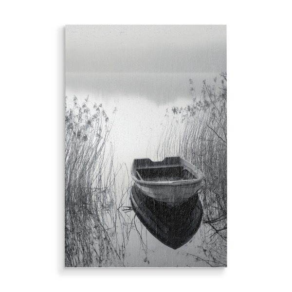 Holzbild "Boot im Nebel" artboxONE - Natur,Schwarzweiß - Boot,Nebel,Wasser,Strand,Ruderboot,See,Morgennebel,Minimalismus,Melancholie,Landscape