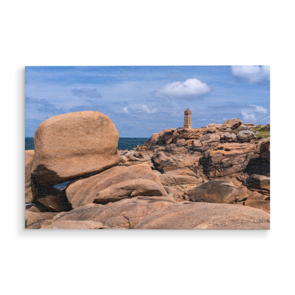 Holzbild "Leuchtturm Bretagne" artboxONE - Natur,Reise,Reise / Länder - Ploumanach,Rosa granitküste,Frankreich,Bretagne,Felsen,Atlantik,Küste,Meer