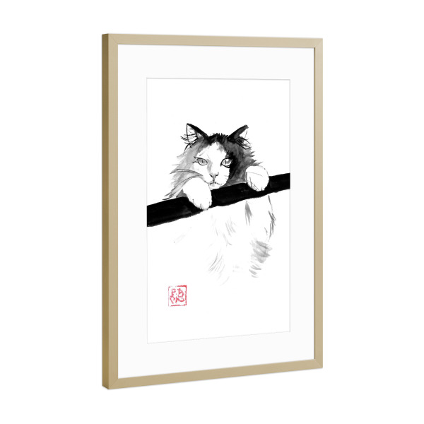 Poster mit Rahmen Gold "Japanischer Chat" artboxONE - Tiere,Schwarzweiß - Katze,Sumie,Japan