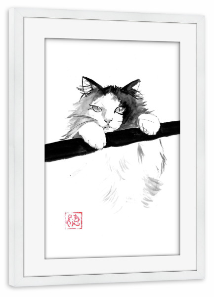 Poster mit Rahmen weiß "Japanischer Chat" artboxONE - Tiere,Schwarzweiß - Katze,Sumie,Japan