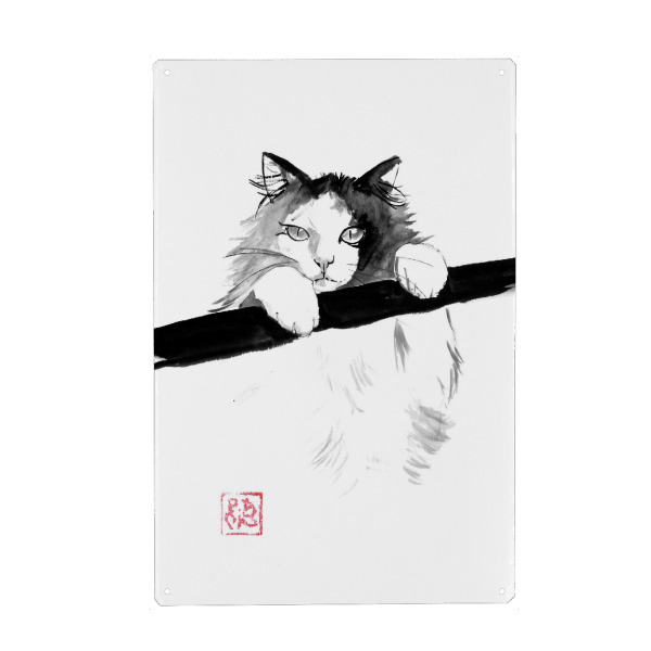 Metall Poster "Japanischer Chat" artboxONE - Tiere,Schwarzweiß - Katze,Sumie,Japan - Blechschild