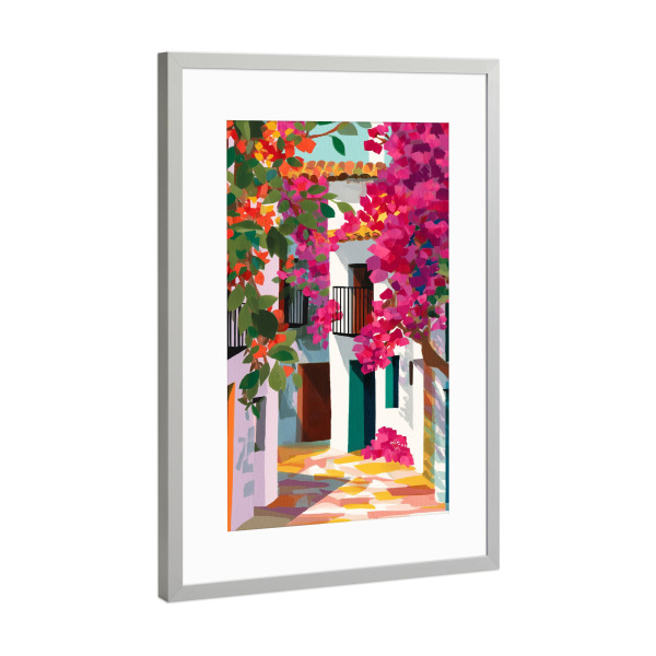 Poster mit Rahmen Silber "Sonnige Gasse voller Blüten" artboxONE - Natur,Floral,Abstrakt