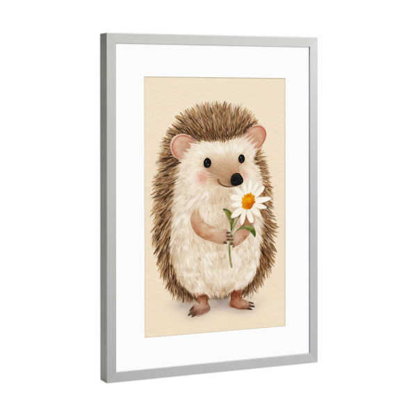 Poster mit Rahmen Silber "Kleiner Igel mit Margerite" artboxONE - Natur,Floral,Tiere