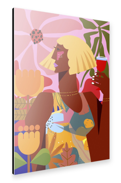 Alu-Dibond "Bunte elegante Frau mit Getränk" 75x50 cm artboxONE