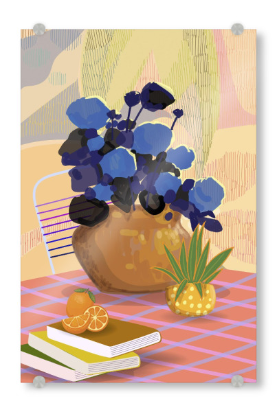 Acrylglasbild "Buntes Tischarrangement" artboxONE - Floral,Abstrakt - Blumen,Vase,Bücher,Orange,Tisch,Pflanze,Künstlerisch,Bunt,Lebendig,Stillleben