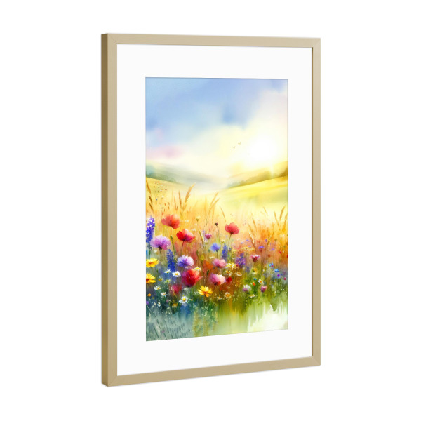 Poster mit Rahmen Gold "Feld mit Wildblumen" artboxONE - Natur,Floral - Wildblumen,Sonnenaufgang,Natur,Licht,Hügel,Friedlich,Feld,Lebendig,Landschaft