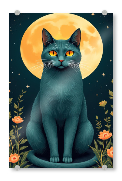 Acrylglasbild "Katze unter Vollmond" artboxONE - Tiere - Katze,Mond,Nacht,Blumen,Blaugrün,Orangefarbene augen,Sterne,Himmel,Vollmond
