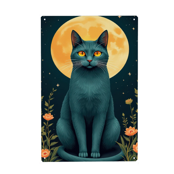 Metall Poster "Katze unter Vollmond" artboxONE - Tiere - Katze,Mond,Nacht,Blumen,Blaugrün,Orangefarbene augen,Sterne,Himmel,Vollmond - Blechschild