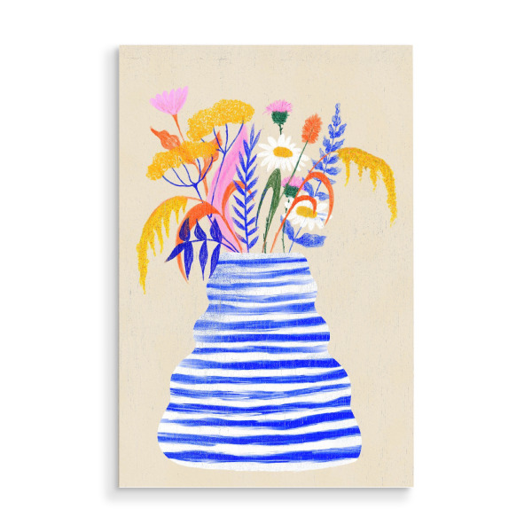 Holzbild "Baroo Bloom - Striped Vase" artboxONE - Natur,Floral - Vase,Blumen,Floral,Stillleben,Bouquet,Blumenstrauß,Valentinstag,Bunt,Farbenfroh