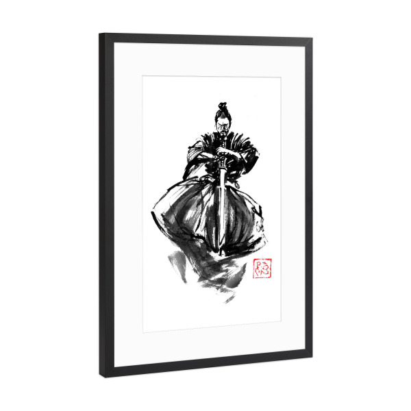 Poster mit Rahmen Schwarz (Metallic) "Samurai-Springen" artboxONE - Menschen,Reise / Asien,Männer - Samurai,Kimono,Katana,Schwert,Sumie,Japan