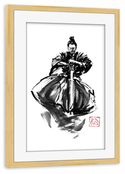 Poster mit Rahmen kiefer "Samurai-Springen" artboxONE - Menschen,Reise / Asien,Männer - Samurai,Kimono,Katana,Schwert,Sumie,Japan