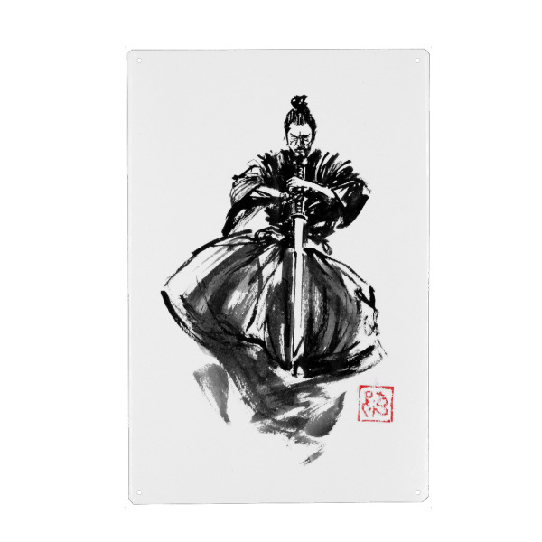 Metall Poster "Samurai-Springen" artboxONE - Menschen,Reise / Asien,Männer - Samurai,Kimono,Katana,Schwert,Sumie,Japan - Blechschild